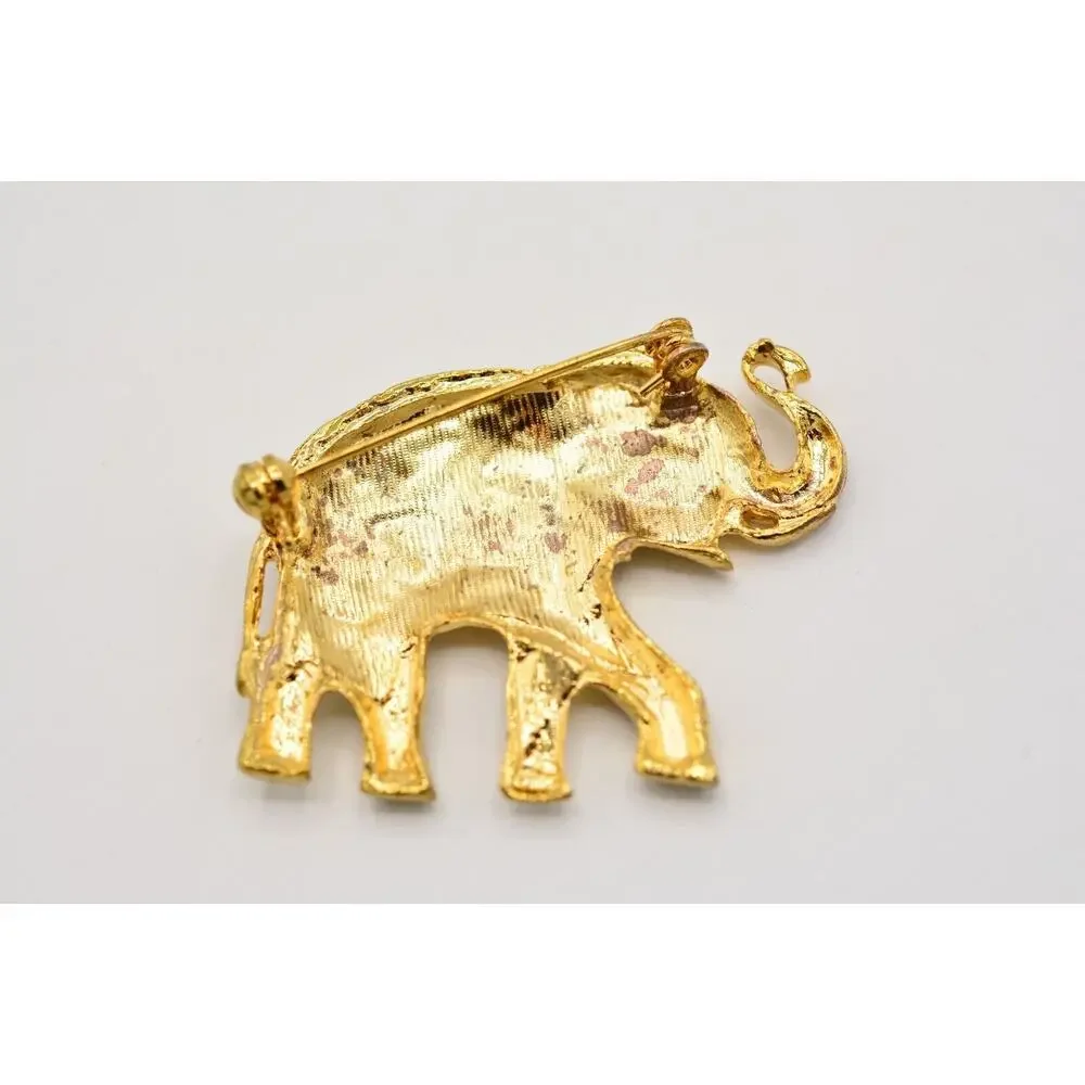 Vintage Elephant Pin Brooch Gold Rhinestone Antiqued Gold Tone Chunky 1980s 9B
